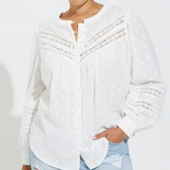 Torrid Cotton Clip Dot Lace Trim Long Sleeve Top NWT - Picture 2 of 5